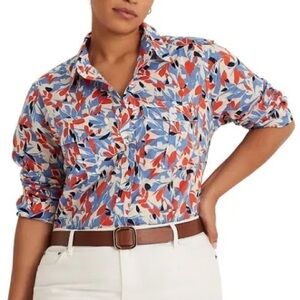 Ralph Lauren Black Label Women's Floral Cotton Voile Orange White Blue Shirt